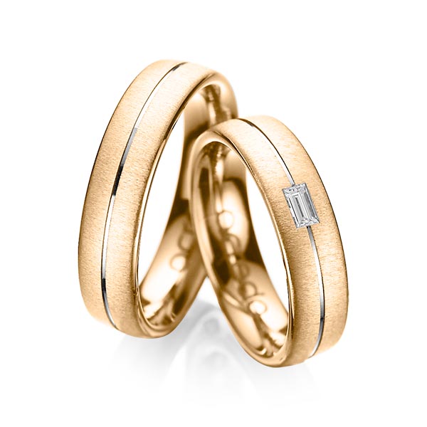 Paar bicolor Trauringe/Eheringe in Roségold 750 Platin 950 mit zus. 0,12 ct. Baguette-Diamant tw, vs von acredo - A-1019-7