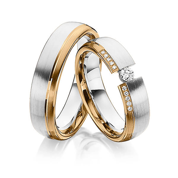 Paar bicolor Trauringe/Eheringe in Roségold 750 Platin 950 mit zus. 0,15 ct. Brillant tw, si von Steinberg - Q-1370-1