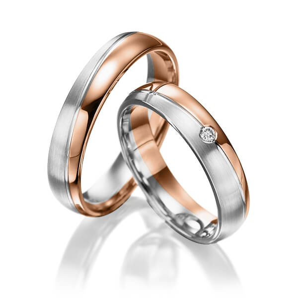 Paar bicolor Trauringe/Eheringe in Rotgold 375 Weißgold 375 mit zus. 0,015 ct. Brillant tw, si von Steinberg