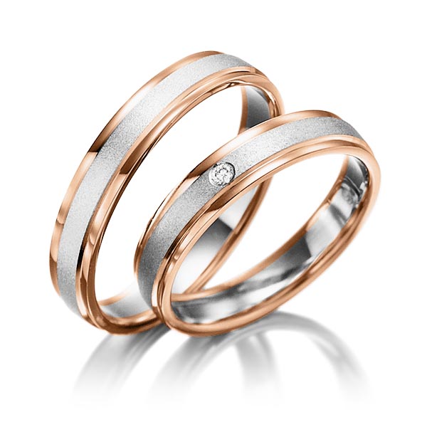 Paar bicolor Trauringe/Eheringe in Rotgold 375 Weißgold 375 mit zus. 0,01 ct. Brillant tw, si 