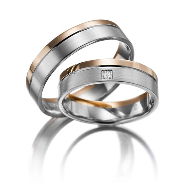 Paar bicolor Trauringe/Eheringe in Rotgold 375 Weißgold 375 mit zus. 0,01 ct. Brillant tw, si - NP-1021-1 Paar bicolor Trauringe/Eheringe in Rotgold 375 Weißgold 375 mit zus. 0,01 ct. Brillant tw, si - NP-1021-1