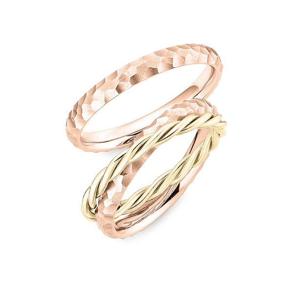 Paar bicolor Trauringe/Eheringe in Rotgold 585 Gelbgold 585 gehämmert Struktur, von 123GOLD