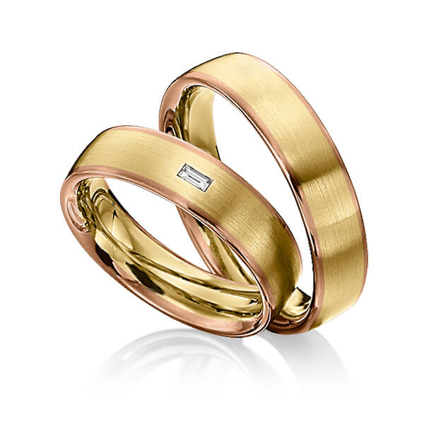 Paar bicolor Trauringe/Eheringe in Rotgold 585 Gelbgold 585 mit zus. 0,06 ct. Baguette-Diamant tw, vs von 123GOLD