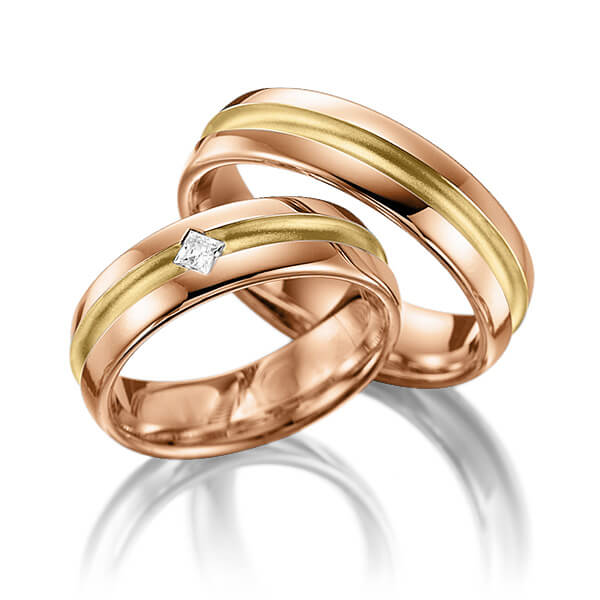 Paar bicolor Trauringe/Eheringe in Rotgold 585 Gelbgold 585 mit zus. 0,08 ct. Prinzess-Diamant tw, vs von 123GOLD