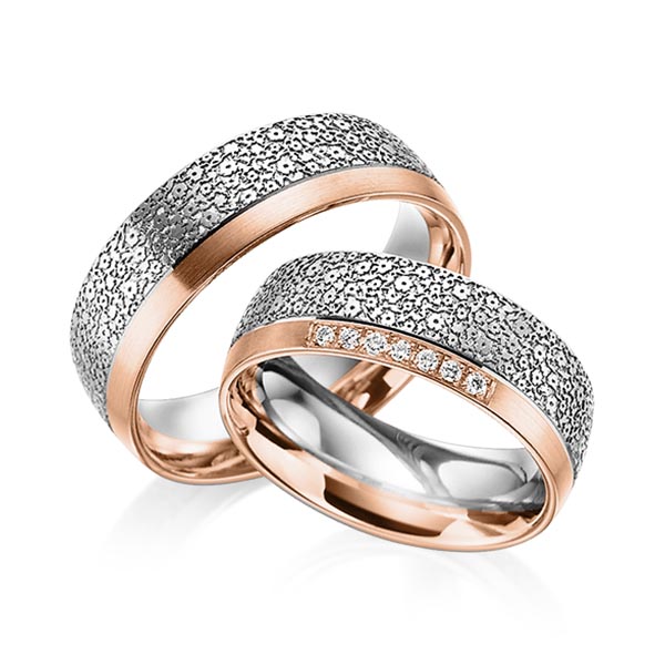 Paar bicolor Trauringe/Eheringe in Rotgold 585 Graugold 585 Laser Struktur mit zus. 0,07 ct. Brillant tw, si von 123GOLD