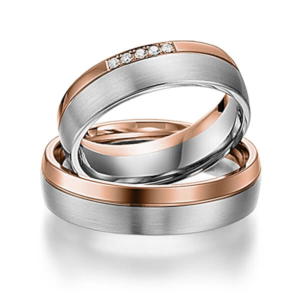 Paar bicolor Trauringe/Eheringe in Rotgold 585 Graugold 585 mit zus. 0,04 ct. Brillant tw, si von acredo - S-1109-10 Paar bicolor Trauringe/Eheringe in Rotgold 585 Graugold 585 mit zus. 0,04 ct. Brillant tw, si von acredo - S-1109-10