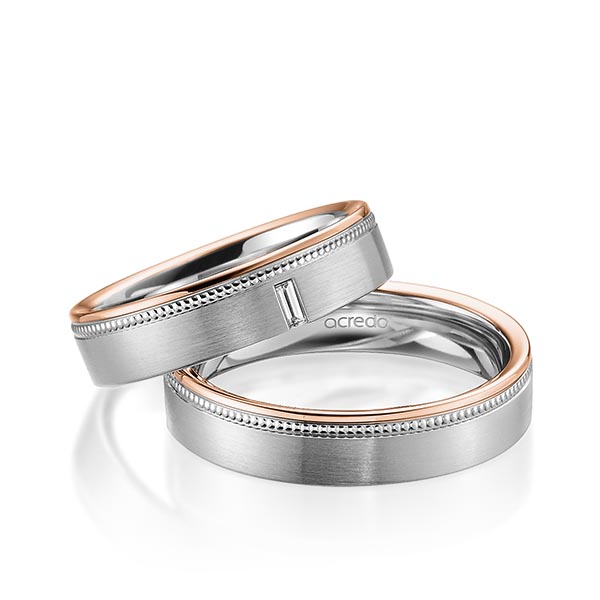 Paar bicolor Trauringe/Eheringe in Rotgold 585 Graugold 585 mit zus. 0,05 ct. Baguette-Diamant tw, vs von acredo - A-1753-11 Paar bicolor Trauringe/Eheringe in Rotgold 585 Graugold 585 mit zus. 0,05 ct. Baguette-Diamant tw, vs von acredo - A-1753-11