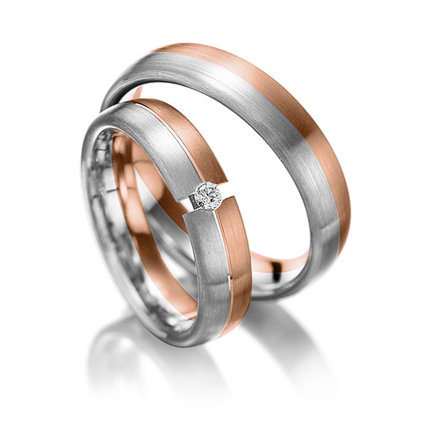 Paar bicolor Trauringe/Eheringe in Rotgold 585 Graugold 585 mit zus. 0,05 ct. Brillant tw, si von 123GOLD