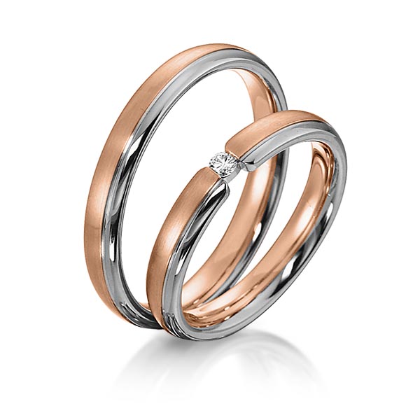 Paar bicolor Trauringe/Eheringe in Rotgold 585 Graugold 585 mit zus. 0,05 ct. Brillant tw, si von acredo