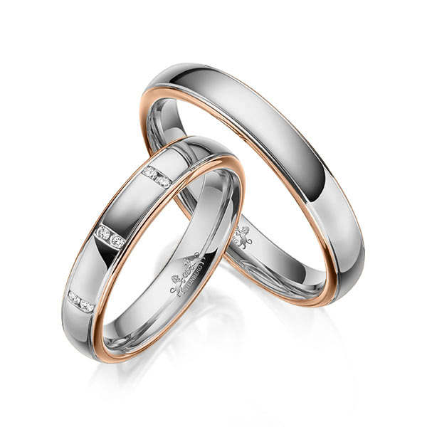 Paar bicolor Trauringe/Eheringe in Rotgold 585 Graugold 585 mit zus. 0,06 ct. Brillant tw, si von Steinberg - Q-1605-10 Paar bicolor Trauringe/Eheringe in Rotgold 585 Graugold 585 mit zus. 0,06 ct. Brillant tw, si von Steinberg - Q-1605-10