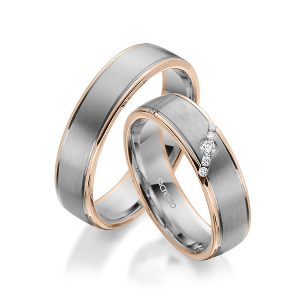 Paar bicolor Trauringe/Eheringe in Rotgold 585 Graugold 585 mit zus. 0,072 ct. Brillant tw, si von acredo - A-1949-10 Paar bicolor Trauringe/Eheringe in Rotgold 585 Graugold 585 mit zus. 0,072 ct. Brillant tw, si von acredo - A-1949-10