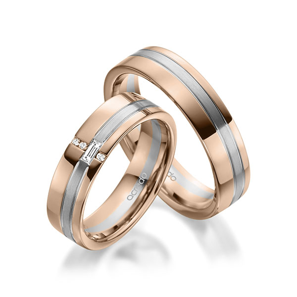 Paar bicolor Trauringe/Eheringe in Rotgold 585 Graugold 585 mit zus. 0,074 ct. Baguette-Diamant & Brillant tw, vs tw, si von acredo - A-1947-11 Paar bicolor Trauringe/Eheringe in Rotgold 585 Graugold 585 mit zus. 0,074 ct. Baguette-Diamant & Brillant tw, vs tw, si von acredo - A-1947-11