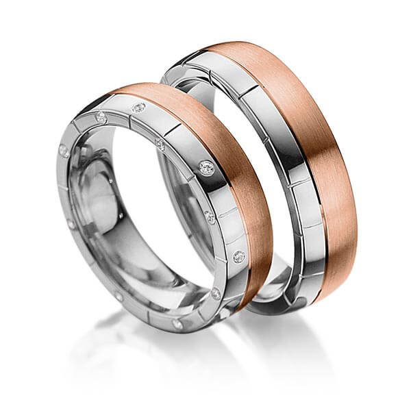 Paar bicolor Trauringe/Eheringe in Rotgold 585 Graugold 585 mit zus. 0,08 ct. Brillant tw, si von 123GOLD - P-1108-13 Paar bicolor Trauringe/Eheringe in Rotgold 585 Graugold 585 mit zus. 0,08 ct. Brillant tw, si von 123GOLD - P-1108-13