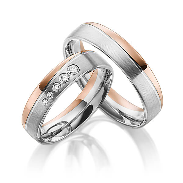 Paar bicolor Trauringe/Eheringe in Rotgold 585 Graugold 585 mit zus. 0,105 ct. Brillant tw, si von Steinberg