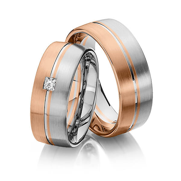 Paar bicolor Trauringe/Eheringe in Rotgold 585 Graugold 585 mit zus. 0,12 ct. Prinzess-Diamant tw, si von Steinberg