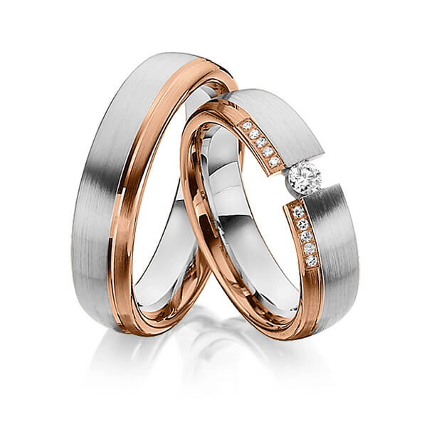 Paar bicolor Trauringe/Eheringe in Rotgold 585 Graugold 585 mit zus. 0,15 ct. Brillant tw, si von Steinberg
