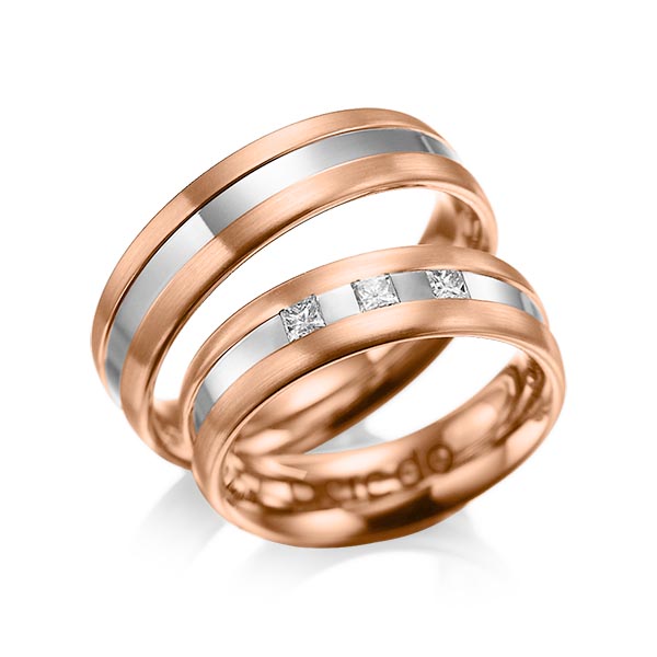Paar bicolor Trauringe/Eheringe in Rotgold 585 Graugold 585 mit zus. 0,18 ct. Prinzess-Diamant tw, si von acredo - A-1021-9 Paar bicolor Trauringe/Eheringe in Rotgold 585 Graugold 585 mit zus. 0,18 ct. Prinzess-Diamant tw, si von acredo - A-1021-9