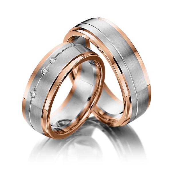 Paar bicolor Trauringe/Eheringe in Rotgold 585 Graugold dunkel 585 mit zus. 0,045 ct. Brillant tw, si von Steinberg