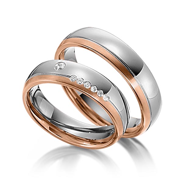 Paar bicolor Trauringe/Eheringe in Rotgold 585 Graugold dunkel 585 mit zus. 0,1 ct. Brillant tw, si von Steinberg