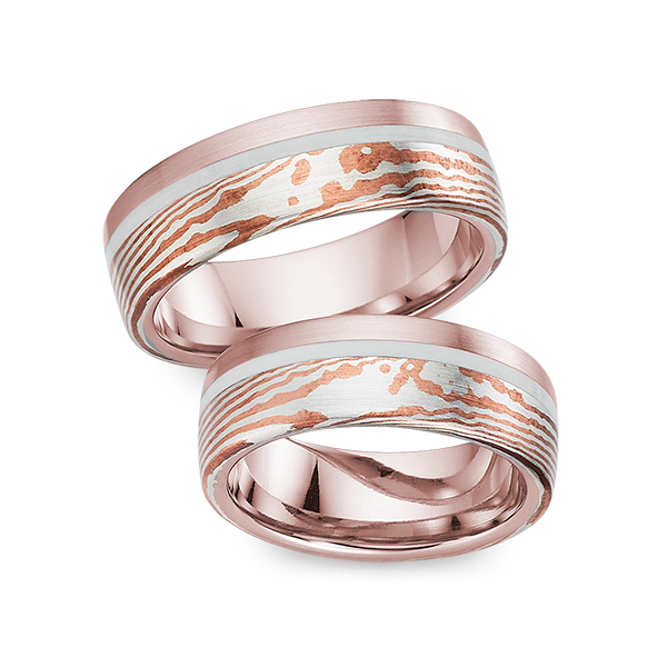 Paar bicolor Trauringe/Eheringe in Rotgold 585 Mokume Gane Silber 925 Kupfer - UQ-1141-4 Paar bicolor Trauringe/Eheringe in Rotgold 585 Mokume Gane Silber 925 Kupfer - UQ-1141-4