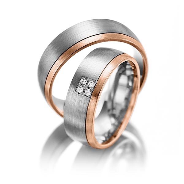 Paar bicolor Trauringe/Eheringe in Rotgold 585 Palladium 500 mit zus. 0,04 ct. Brillant tw, si von Steinberg