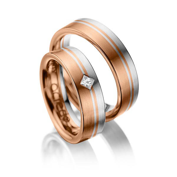 Paar bicolor Trauringe/Eheringe in Rotgold 585 Palladium 950 mit zus. 0,1 ct. Prinzess-Diamant tw, si von acredo - A-1020-9