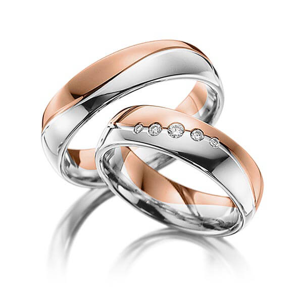 Paar bicolor Trauringe/Eheringe in Rotgold 585 Platin 777 mit zus. 0,09 ct. Brillant tw, si von Steinberg - Q-1142-8 Paar bicolor Trauringe/Eheringe in Rotgold 585 Platin 777 mit zus. 0,09 ct. Brillant tw, si von Steinberg - Q-1142-8