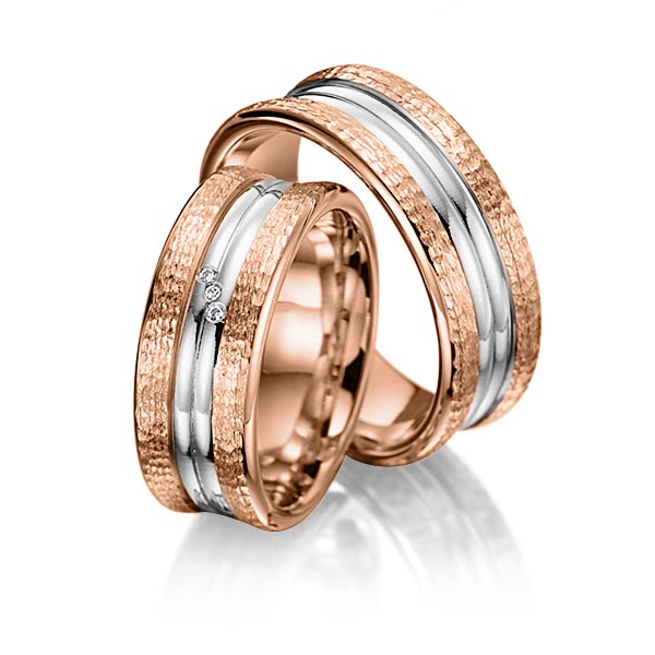 Paar bicolor Trauringe/Eheringe in Rotgold 585 Weissgold 585 gehämmert Struktur, mit zus. 0,015 ct. Brillant tw, si von Merii