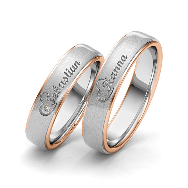 Paar bicolor Trauringe/Eheringe in Rotgold 585 Weißgold 585 Herz mit zus. 0,01 ct. Brillant tw, si von 123GOLD