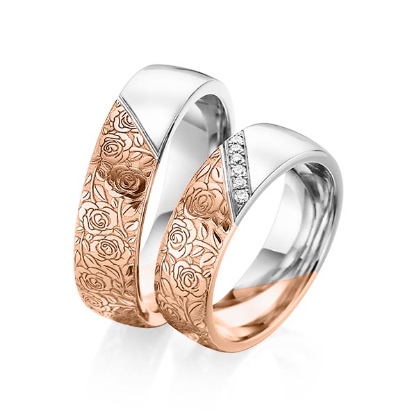 Paar bicolor Trauringe/Eheringe in Rotgold 585 Weißgold 585 Laser Struktur mit zus. 0,06 ct. Brillant tw, si von 123GOLD
