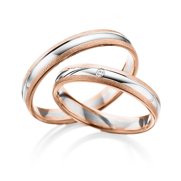 Paar bicolor Trauringe/Eheringe in Rotgold 585 Weissgold 585 mit zus. 0,015 ct. Brillant tw, si von Steinberg - Q-1400-3 Paar bicolor Trauringe/Eheringe in Rotgold 585 Weissgold 585 mit zus. 0,015 ct. Brillant tw, si von Steinberg - Q-1400-3