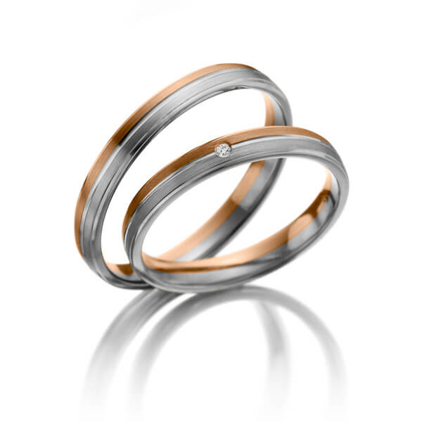 Paar bicolor Trauringe/Eheringe in Rotgold 585 Weissgold 585 mit zus. 0,01 ct. Brillant tw, si 