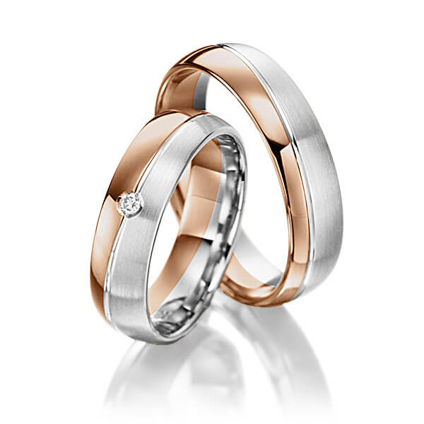 Paar bicolor Trauringe/Eheringe in Rotgold 585 Weissgold 585 mit zus. 0,02 ct. Brillant tw, si von Steinberg