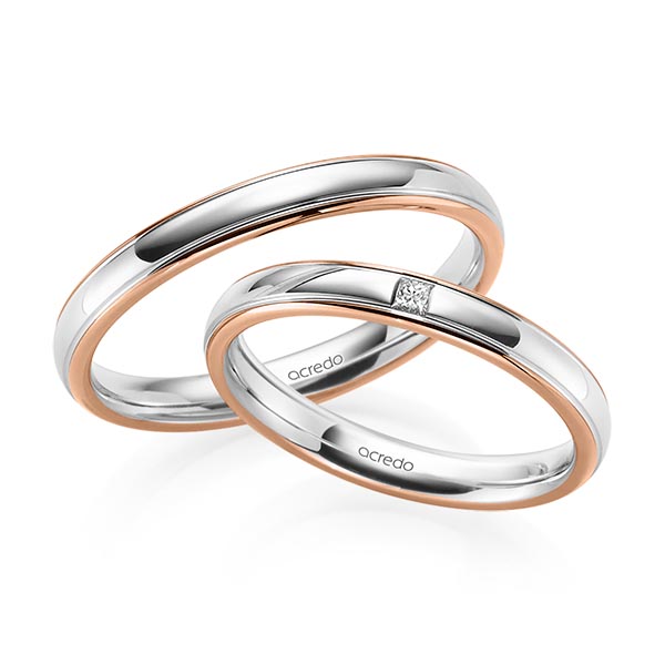 Paar bicolor Trauringe/Eheringe in Rotgold 585 Weißgold 585 mit zus. 0,03 ct. Prinzess-Diamant tw, si von acredo - S-1227-2 Paar bicolor Trauringe/Eheringe in Rotgold 585 Weißgold 585 mit zus. 0,03 ct. Prinzess-Diamant tw, si von acredo - S-1227-2