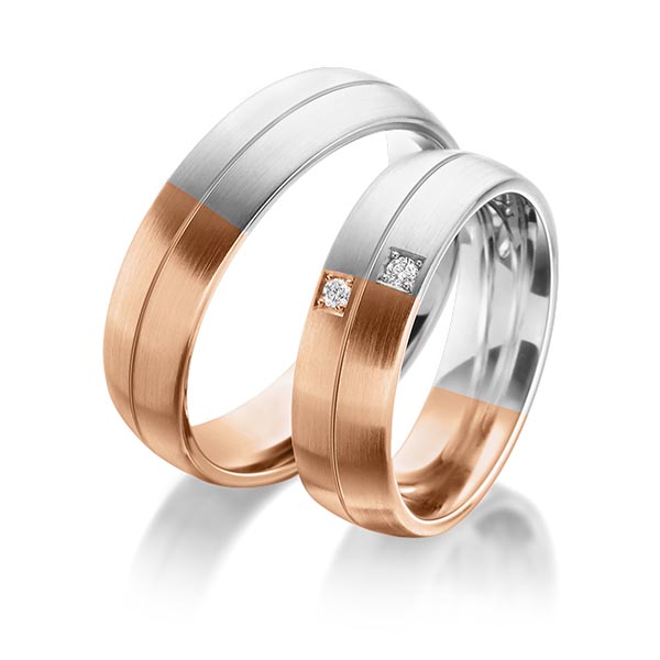 Paar bicolor Trauringe/Eheringe in Rotgold 585 Weissgold 585 mit zus. 0,04 ct. Brillant tw, si von 123GOLD