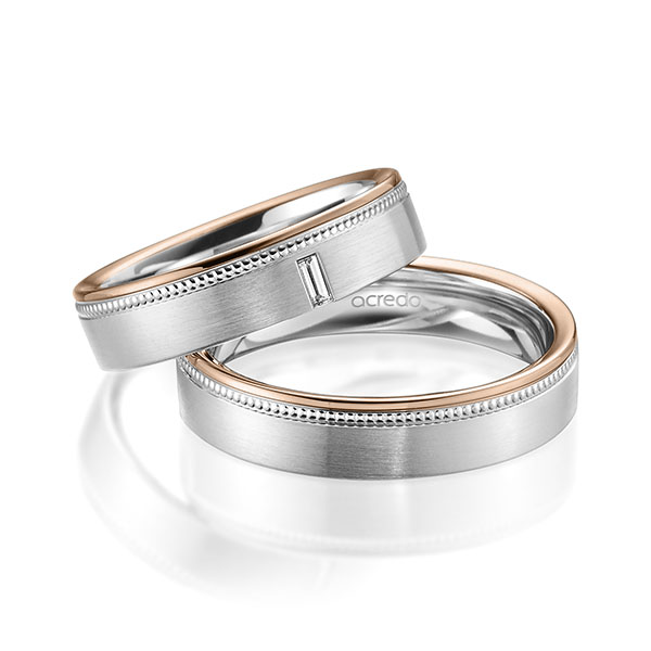Paar bicolor Trauringe/Eheringe in Rotgold 585 Weißgold 585 mit zus. 0,05 ct. Baguette-Diamant tw, vs von acredo - A-1753-3 Paar bicolor Trauringe/Eheringe in Rotgold 585 Weißgold 585 mit zus. 0,05 ct. Baguette-Diamant tw, vs von acredo - A-1753-3