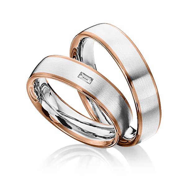 Paar bicolor Trauringe/Eheringe in Rotgold 585 Weißgold 585 mit zus. 0,06 ct. Baguette-Diamant tw, vs von 123GOLD - Y-1285-6 Paar bicolor Trauringe/Eheringe in Rotgold 585 Weißgold 585 mit zus. 0,06 ct. Baguette-Diamant tw, vs von 123GOLD - Y-1285-6