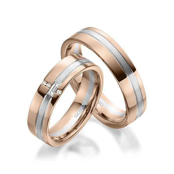 Paar bicolor Trauringe/Eheringe in Rotgold 585 Weißgold 585 mit zus. 0,074 ct. Baguette-Diamant & Brillant tw, vs tw, si von acredo - A-1947-3