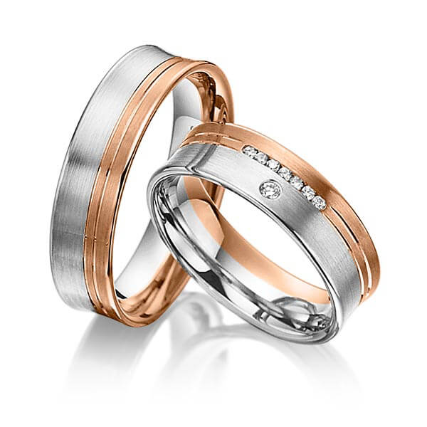 Paar bicolor Trauringe/Eheringe in Rotgold 585 Weissgold 585 mit zus. 0,076 ct. Brillant tw, si von acredo - A-3014-1 Paar bicolor Trauringe/Eheringe in Rotgold 585 Weissgold 585 mit zus. 0,076 ct. Brillant tw, si von acredo - A-3014-1