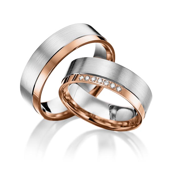 Paar bicolor Trauringe/Eheringe in Rotgold 585 Weißgold 585 mit zus. 0,07 ct. Brillant tw, si von 123gold - Y-1218-2 Paar bicolor Trauringe/Eheringe in Rotgold 585 Weißgold 585 mit zus. 0,07 ct. Brillant tw, si von 123gold - Y-1218-2