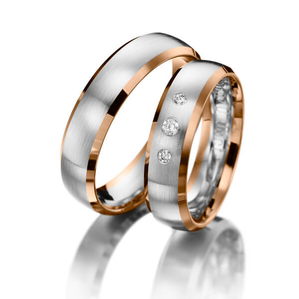 Paar bicolor Trauringe/Eheringe in Rotgold 585 Weißgold 585 mit zus. 0,08 ct. Brillant tw, si 