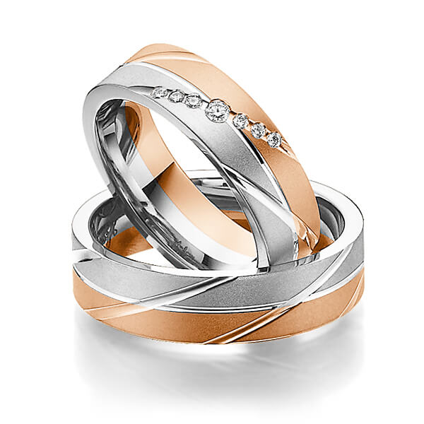 Paar bicolor Trauringe/Eheringe in Rotgold 585 Weißgold 585 mit zus. 0,09 ct. Brillant tw, si von Steinberg - T-1145-3 Paar bicolor Trauringe/Eheringe in Rotgold 585 Weißgold 585 mit zus. 0,09 ct. Brillant tw, si von Steinberg - T-1145-3
