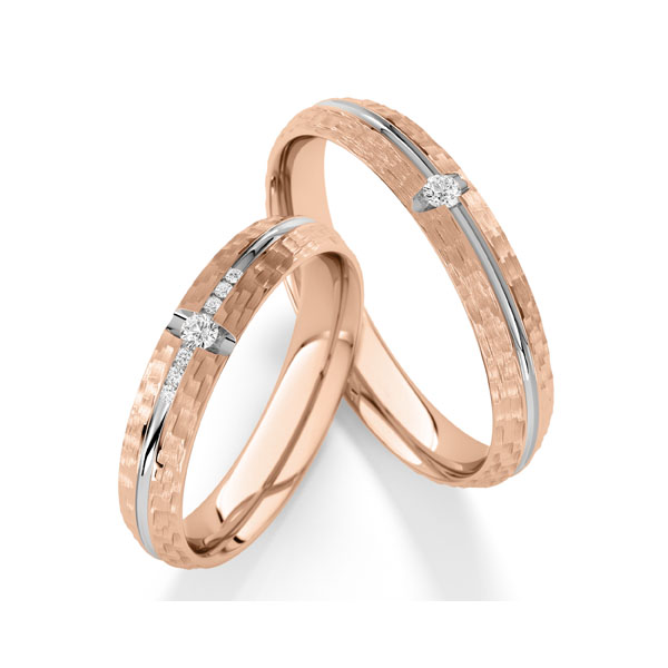 Paar bicolor Trauringe/Eheringe in Rotgold 585 Weißgold 585 mit zus. 0,11 ct. Brillant tw, si von Steinberg - Q-1809-8 Paar bicolor Trauringe/Eheringe in Rotgold 585 Weißgold 585 mit zus. 0,11 ct. Brillant tw, si von Steinberg - Q-1809-8