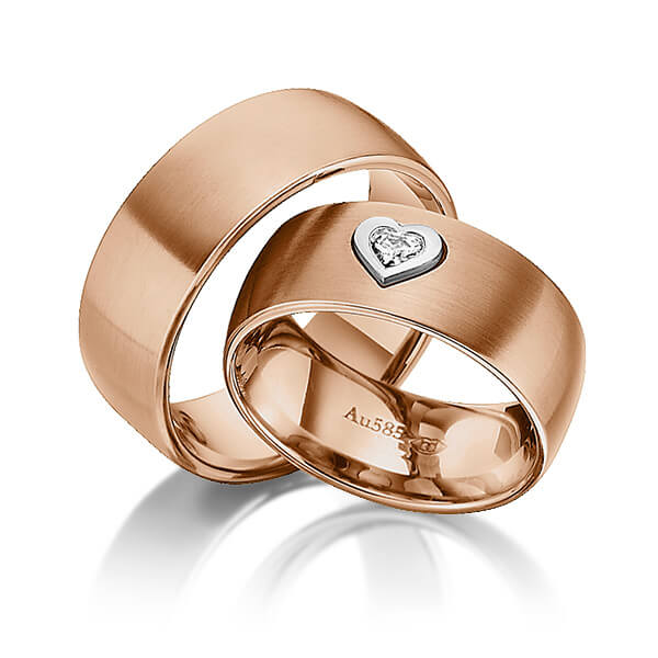 Paar bicolor Trauringe/Eheringe in Rotgold 585 Weißgold 585 mit zus. 0,12 ct. Herz-Diamant tw, vs von 123GOLD