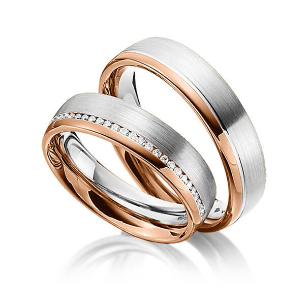 Paar bicolor Trauringe/Eheringe in Rotgold 585 Weißgold 585 mit zus. 0,145 ct. Brillant tw, si von Steinberg - Q-1337-10 Paar bicolor Trauringe/Eheringe in Rotgold 585 Weißgold 585 mit zus. 0,145 ct. Brillant tw, si von Steinberg - Q-1337-10
