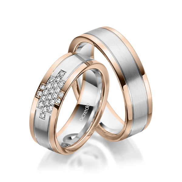 Paar bicolor Trauringe/Eheringe in Rotgold 585 Weissgold 585 mit zus. 0,186 ct. Brillant tw, si von acredo