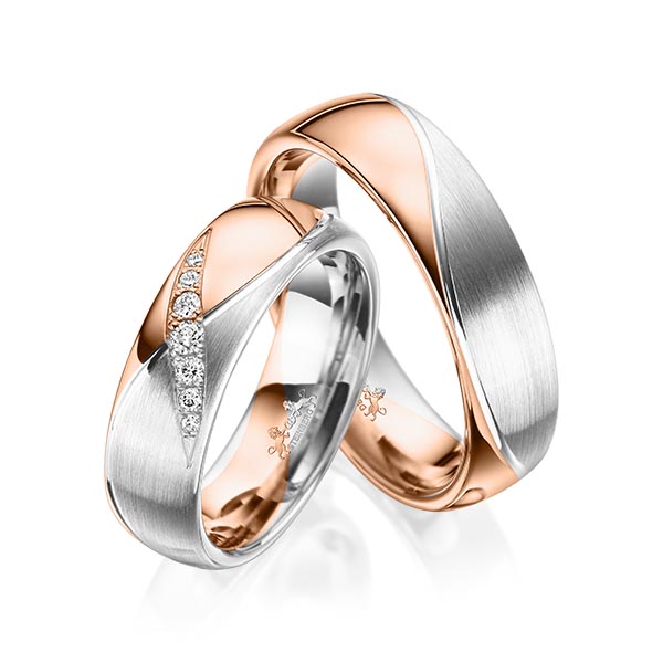 Paar bicolor Trauringe/Eheringe in Rotgold 585 Weissgold 585 mit zus. 0,1 ct. Brillant tw, si von Steinberg