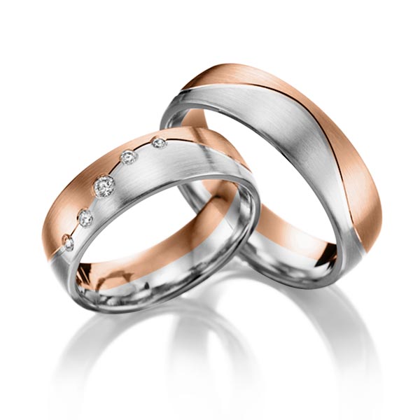 Paar bicolor Trauringe/Eheringe in Rotgold 585 Weissgold 585 mit zus. 0,1 ct. Brillant tw, si von Steinberg