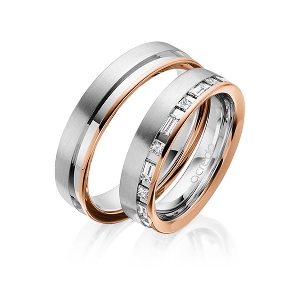 Paar bicolor Trauringe/Eheringe in Rotgold 585 Weißgold 585 mit zus. 0,9 ct. Prinzess-Diamant & Baguette-Diamant tw, si tw, vs von acredo - A-1628-11