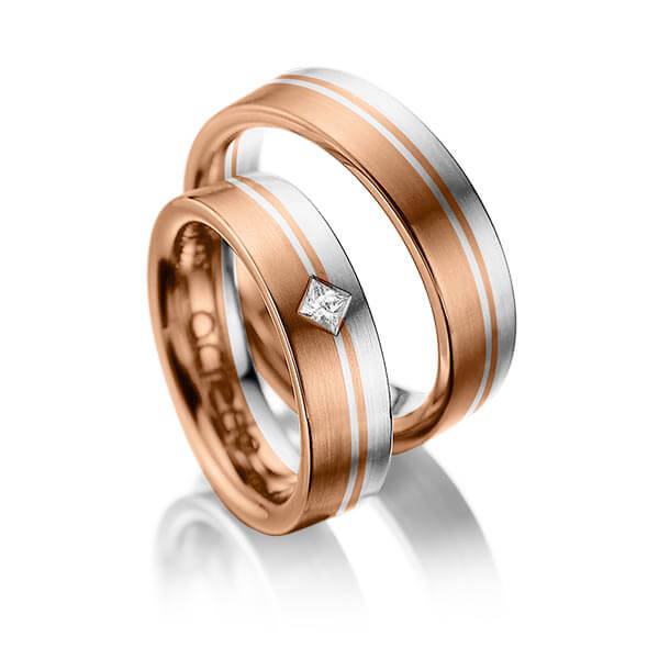 Paar bicolor Trauringe/Eheringe in Rotgold 750 Graugold 750 mit zus. 0,1 ct. Prinzess-Diamant tw, si von acredo - A-1020-12